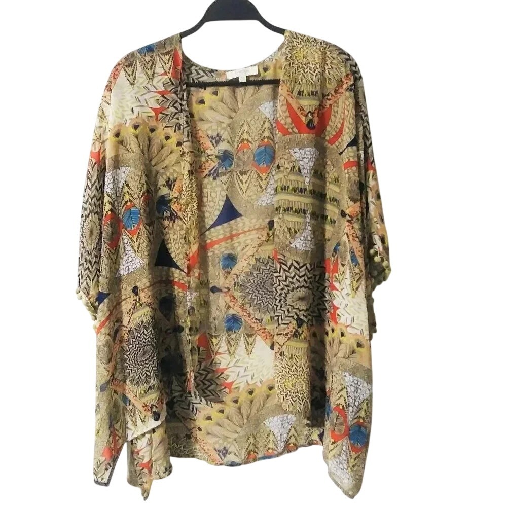 Umgee USA Geometric Peacock Print Kimono‎ Pom Pom Trim Cardigan A9147 SM
